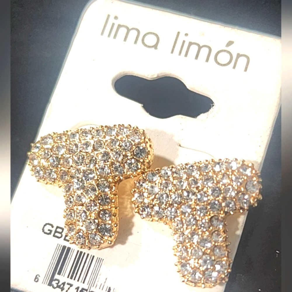 Lima Limón Gold Tone T Letter Rhinestones Earrings. New! - Picture 2 of 5